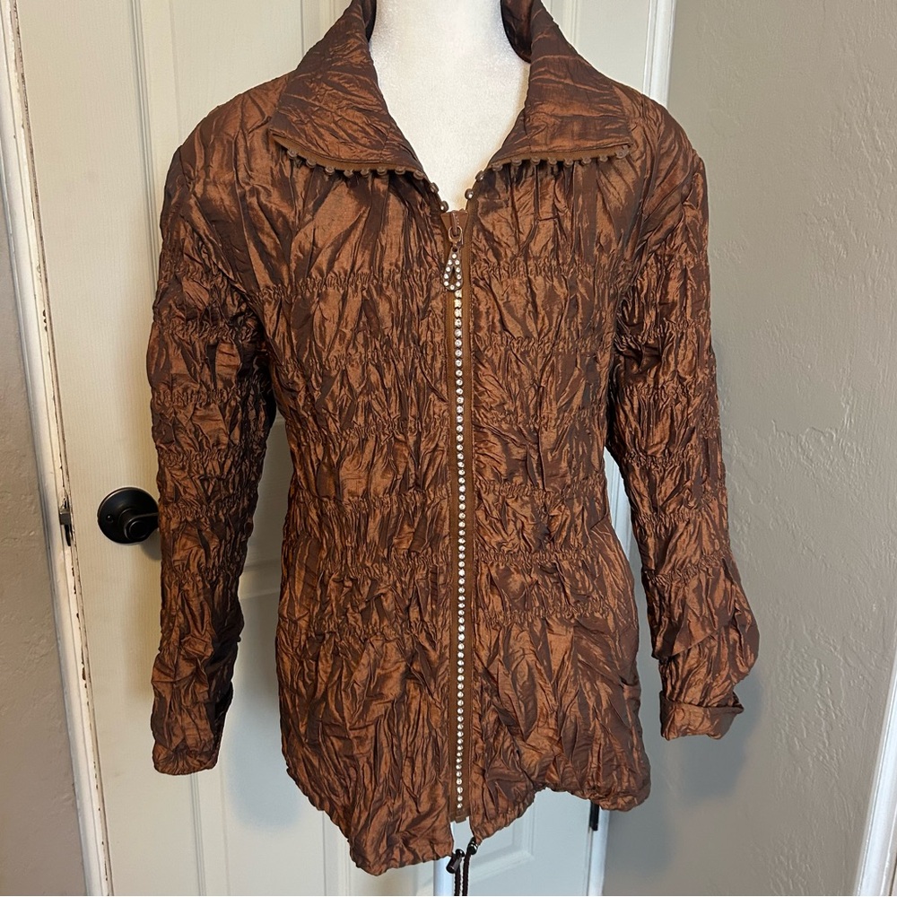 Ki Meng Elegant Brown crinkled rhinestone zipper Women's Utility Jacket metallic